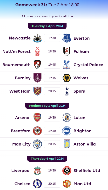 FPL GW31 Fixtures